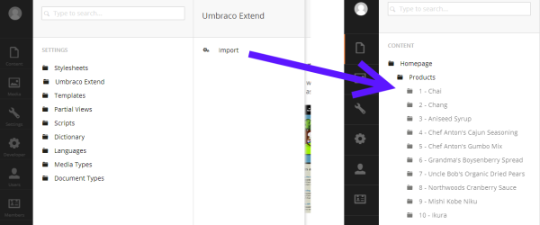 How to create a custom menu item to import products from a third party database in Umbraco v7
